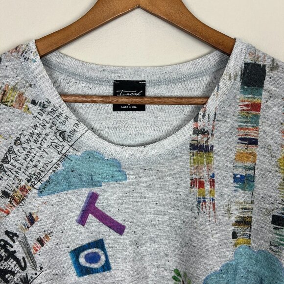 Inoah Top Womens Large Gray Knit Art to Wear Cat Lady Short Sleeve Graphic L - Picture 10 of 11